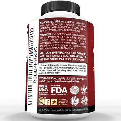 Nutrivein Korean Red Panax Ginseng 1600mg – Extra Strength Formula - 180 Capsules