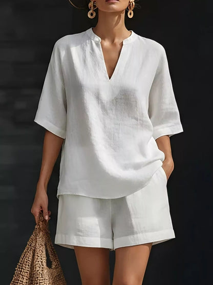 Full Size Notched Half Sleeve Top and Shorts Set Plus Size