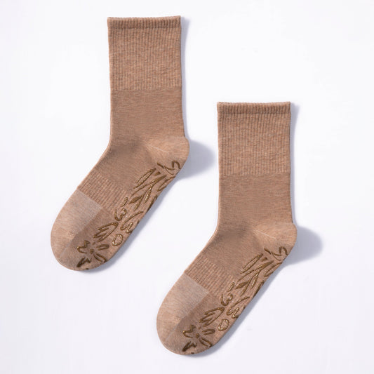 Serene Socks- Adult Organic Cotton Non-Slip Socks- 4 Seasons- Brown- 2 Pairs
