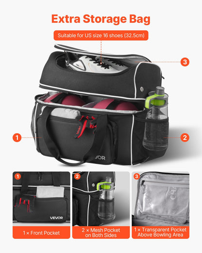 Bowling Ball Bag, 2 Ball Four Roller Bowling Bag With Wheels, Featuring A Separate Compartment For Shoes (Up To US Size 16) & Oversized Accessory Pocket, Retractable Handle Extends To 37.4 In