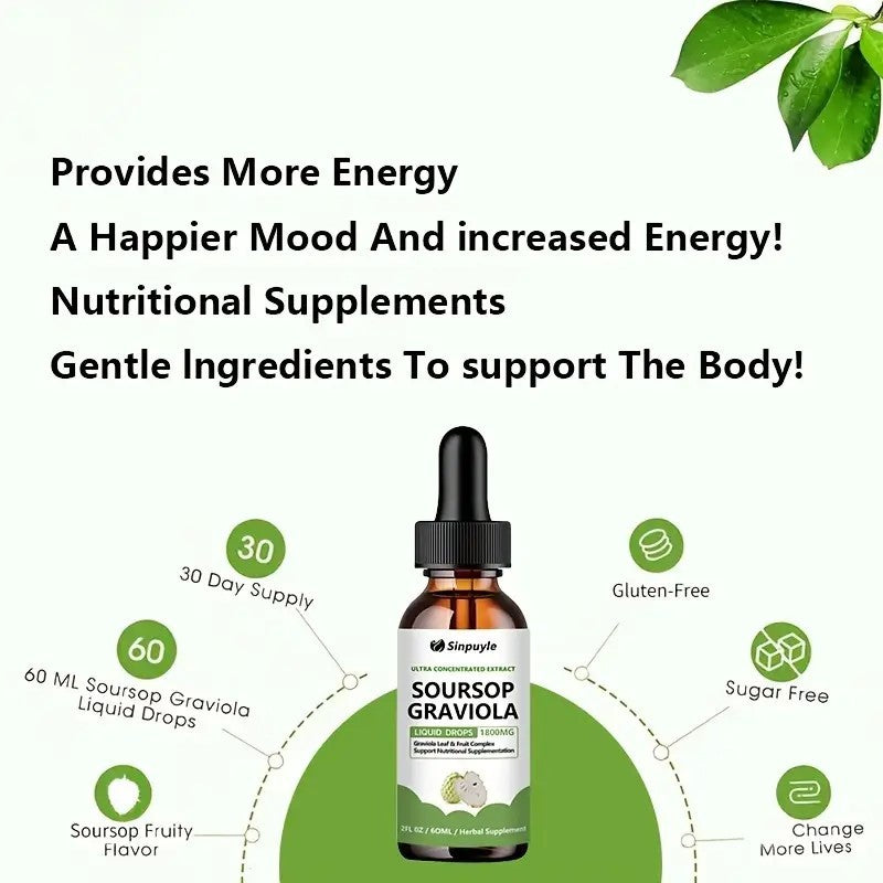 Soursop Graviola 1800mg Ultra Concentrated Liquid Drops - Leaf & Fruit Herbal Supplement, Immune Support, 60ml