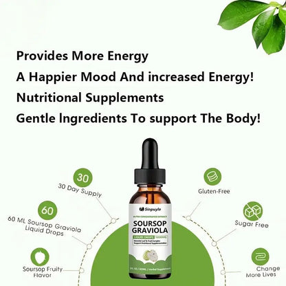 Soursop Graviola 1800mg Ultra Concentrated Liquid Drops - Leaf & Fruit Herbal Supplement, Immune Support, 60ml