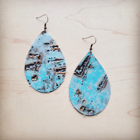 **Leather Teardrop Earrings in Turquoise Metallic 222m
