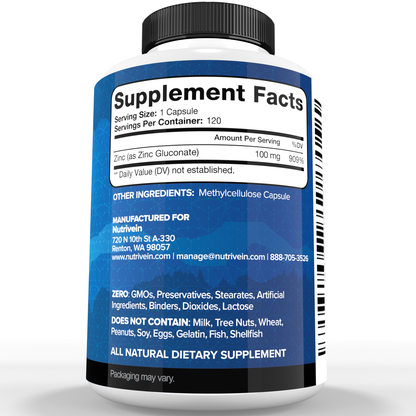 Nutrivein Premium Zinc Gluconate 100mg - 120 Capsules