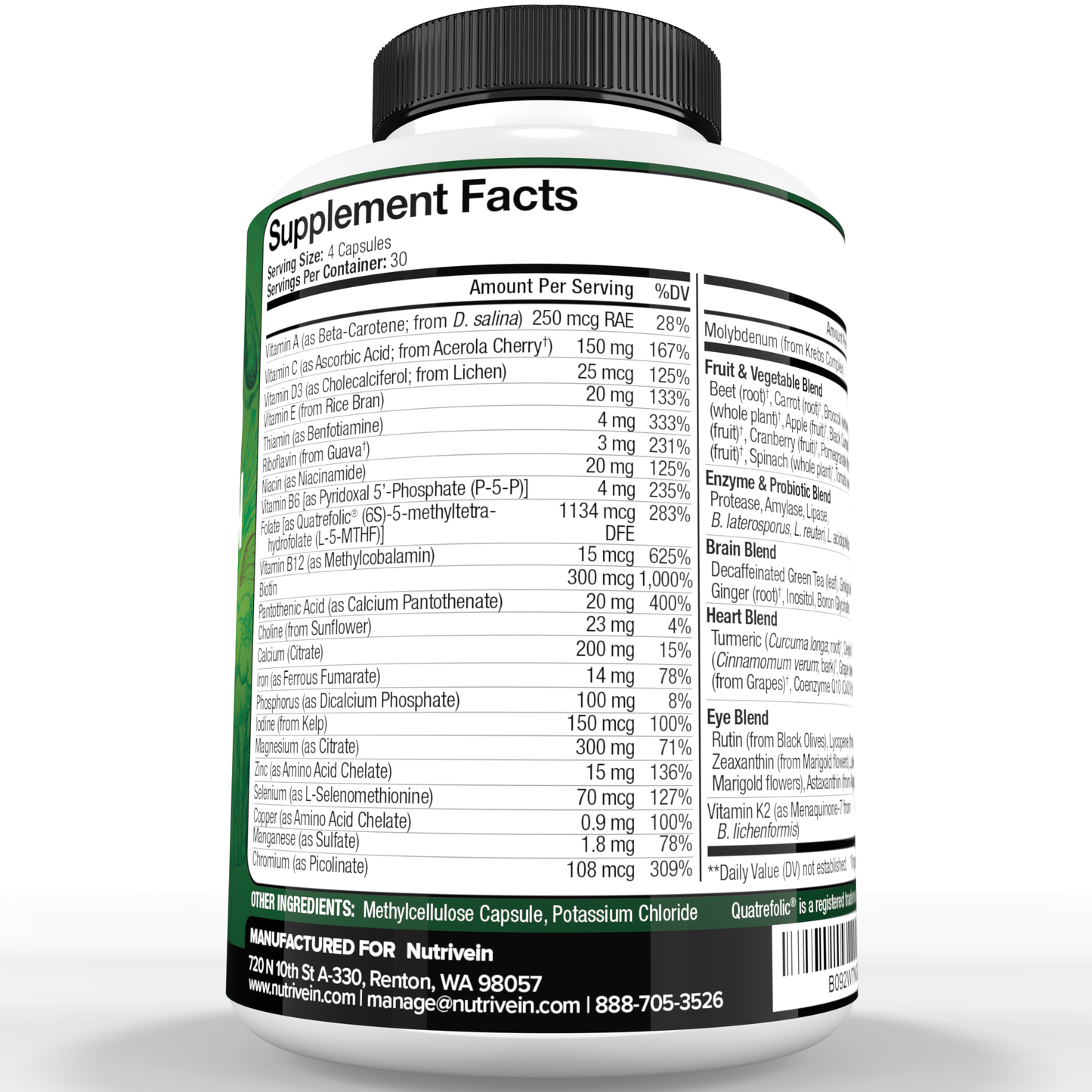 Nutrivein Whole Food Multivitamin for Men & Women – 120 Vegan Multivitamin Caps for Adults
