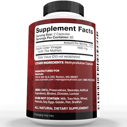 Nutrivein Premium Apple Cider Vinegar Supplements with Mother - 1600 mg - 120 Capsules