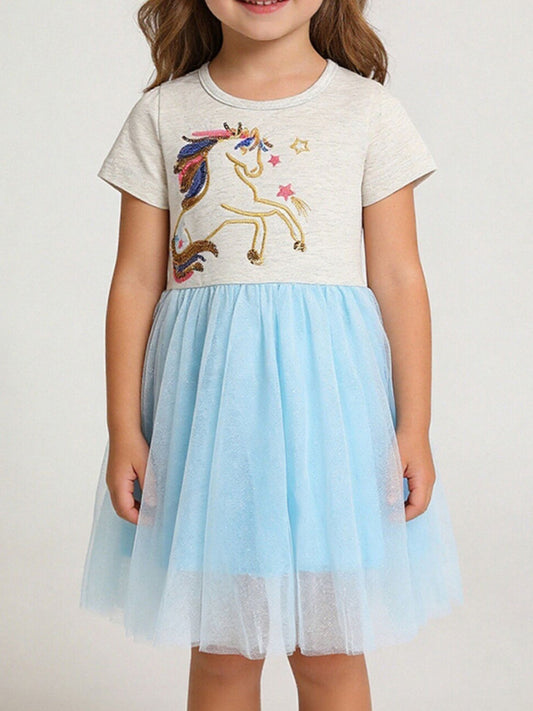 Children's Unicorn Sequin Embroidered Tulle Dress