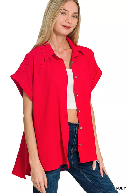 Zenana Woven Airflow Button Down Shirt