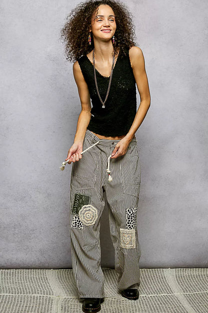 POL Textured Knit V-Neck Tank with Lace Trim