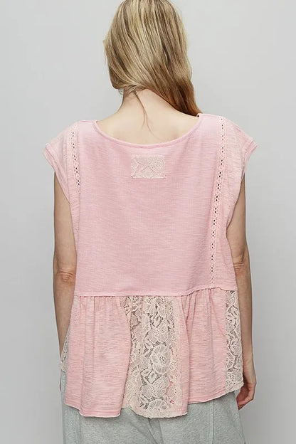 POL Embroidered Detail Boat Neck Cap Sleeve Lace Blouse