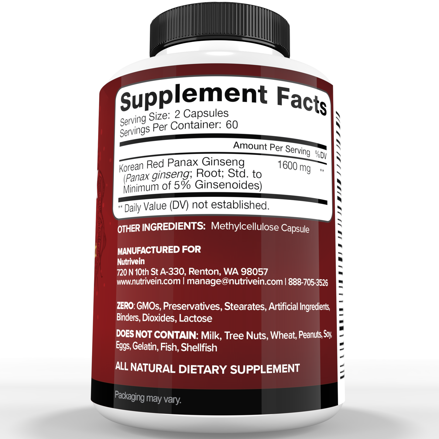 Nutrivein Korean Red Panax Ginseng 1600mg – Extra Strength Formula - 180 Capsules