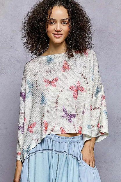 POL Butterflies Pattern Round Neck knit Top with Outseam Rolling Edge