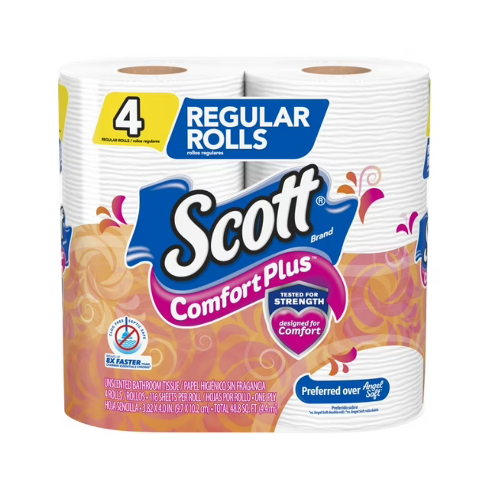Scott ComfortPlus Toilet Paper, Regular Roll, (4 Rolls)