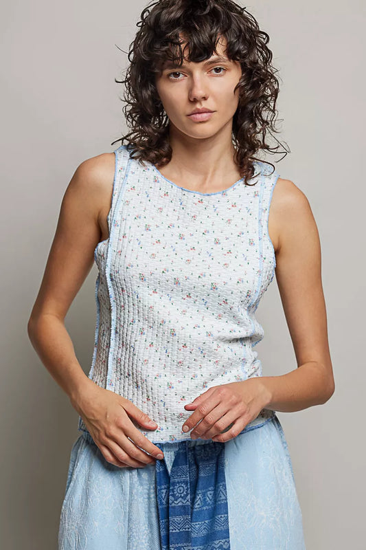 POL Seam detail Floral Round Neck Ribbed Tank