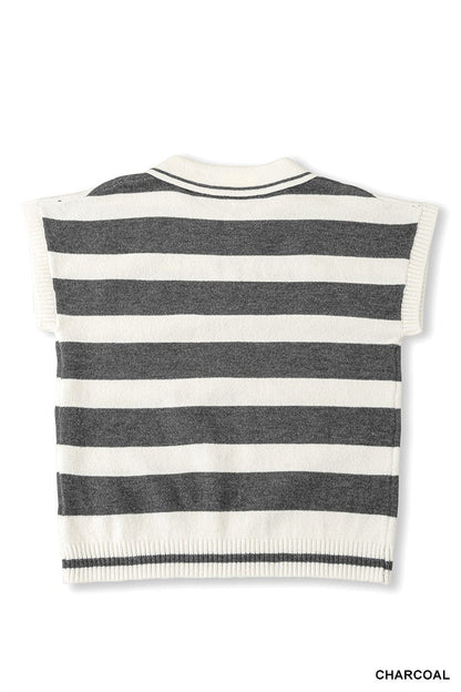Zenana Striped Collared Short Sleeve Sweater