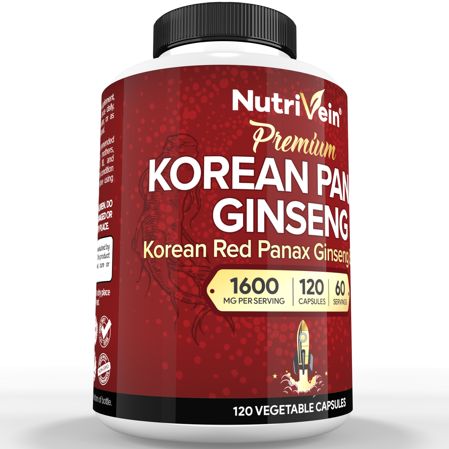 Nutrivein Korean Red Panax Ginseng 1600mg – Extra Strength Formula - 180 Capsules