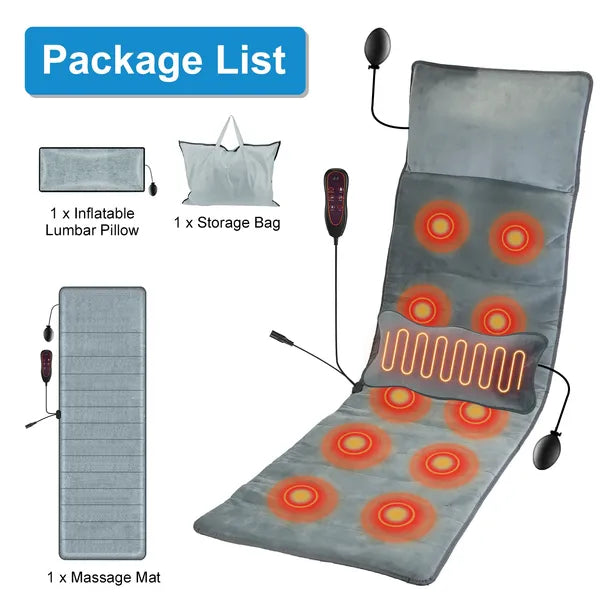 Full Body Electric Massage Mat With Heat Vibration Massage Pad Cushion Back Massage Mattress Chair Pad With Inflatable Head Pillow Lumbar Pillow With 10 Vibration Motors 3 Timers GPCT5281