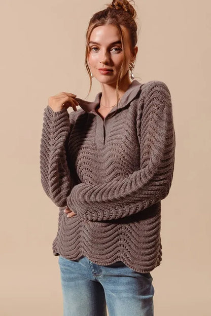 SO ME Notched Collar Wavy Texture Sweater Top