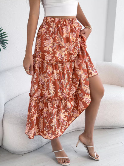 Floral Print Ruffle Hem Flowy Midi Skirt