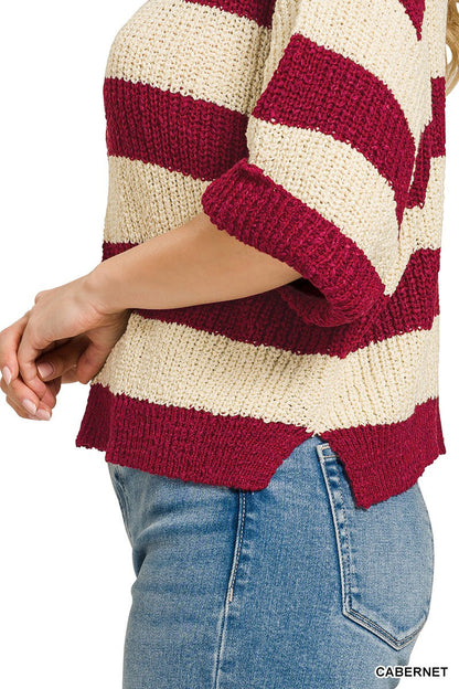 Zenana Split Neck Stripe Sweater