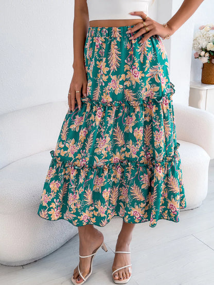 Floral Print Ruffle Hem Flowy Midi Skirt