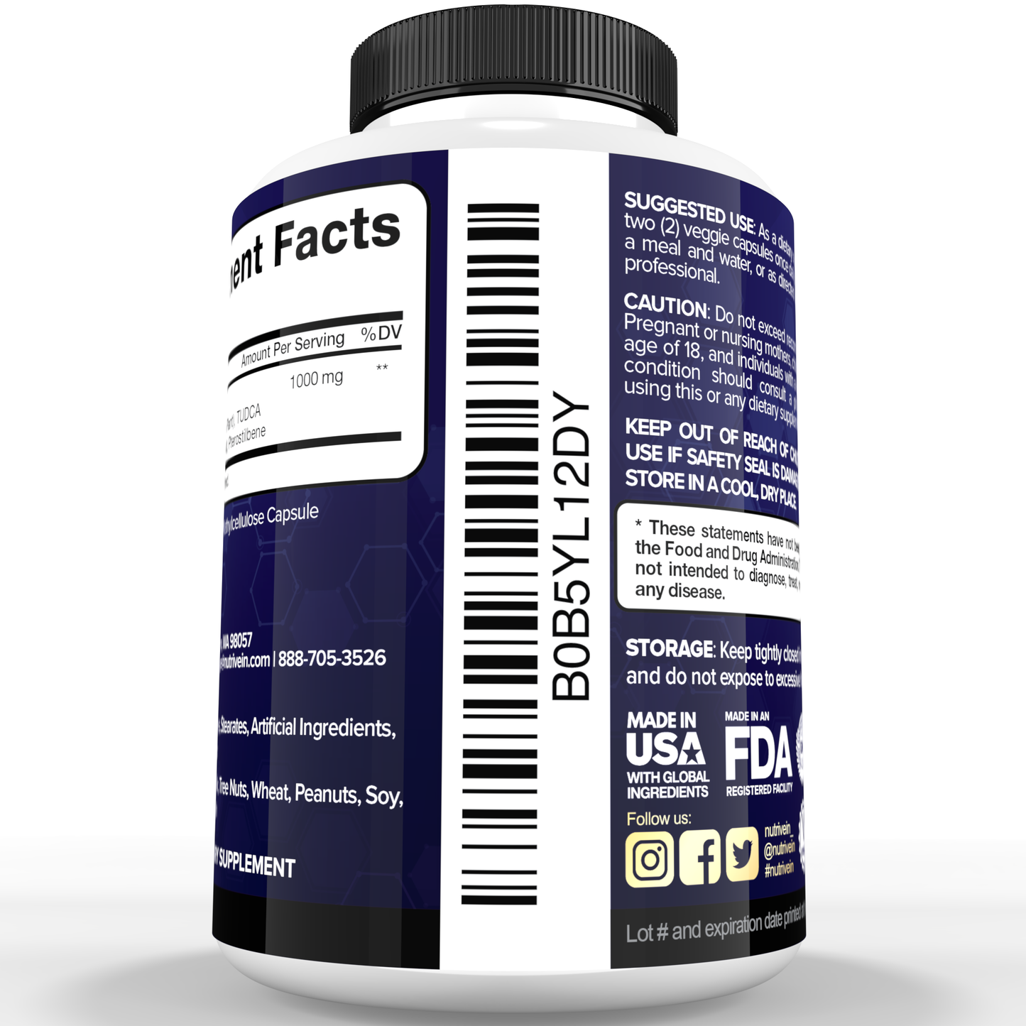Nutrivein Premium TUDCA+ Liver Support Supplement 1000mg - 30 Day Supply - 60 Capsules