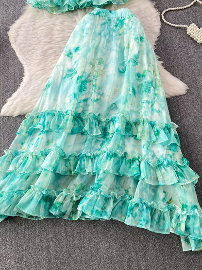 Floral Print Ruffle Hem Blouse and Skirt Set