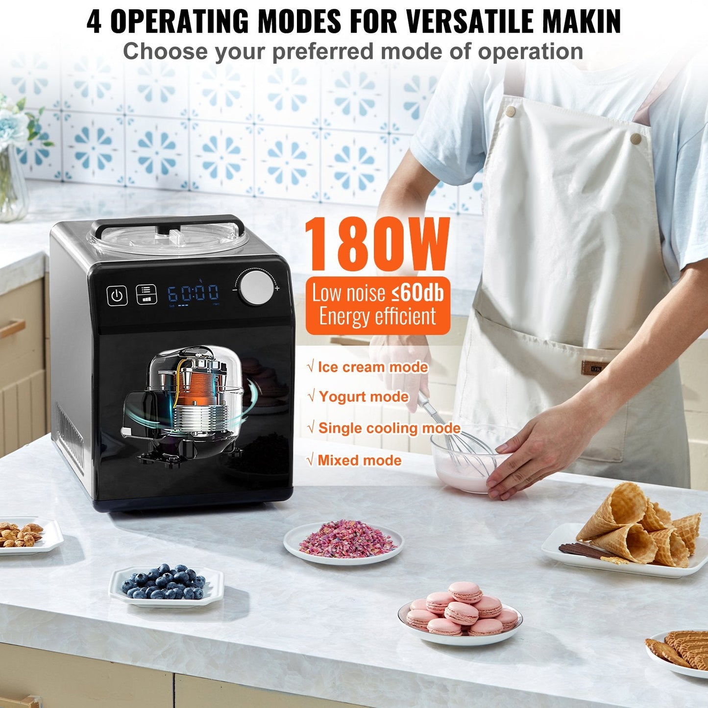 Upright Automatic Ice Cream Maker With Built-in Compressor, 2 Quart No Pre-freezing Fruit Yogurt Machine, Stainless Steel Electric Sorbet Maker, 4 Modes Gelato Maker With Digital Display  Timer