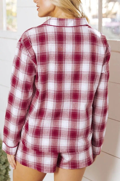 Plaid Long Sleeve Shirt and Drawstring Shorts Lounge Set