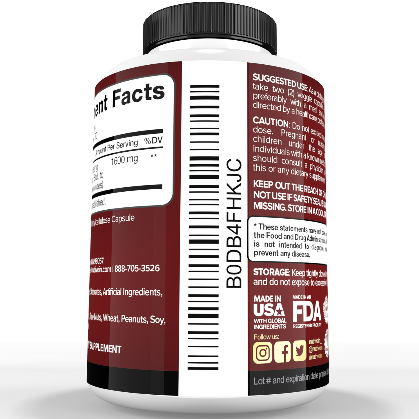 Nutrivein Korean Red Panax Ginseng 1600mg – Extra Strength Formula - 180 Capsules