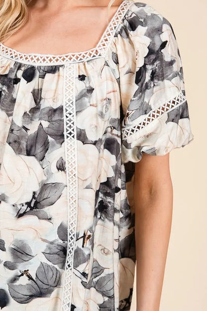 Lime 'N' Chili Floral Print Lace Trim Puff Sleeve Blouse