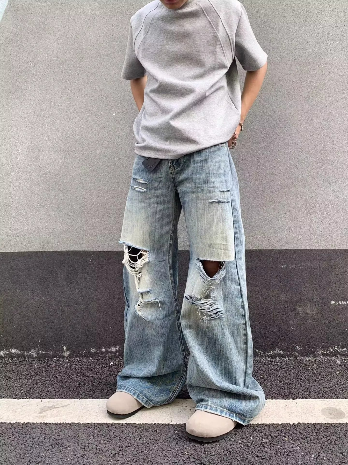 Men's Full Size Distressed Wide Leg Jeans Plus Size