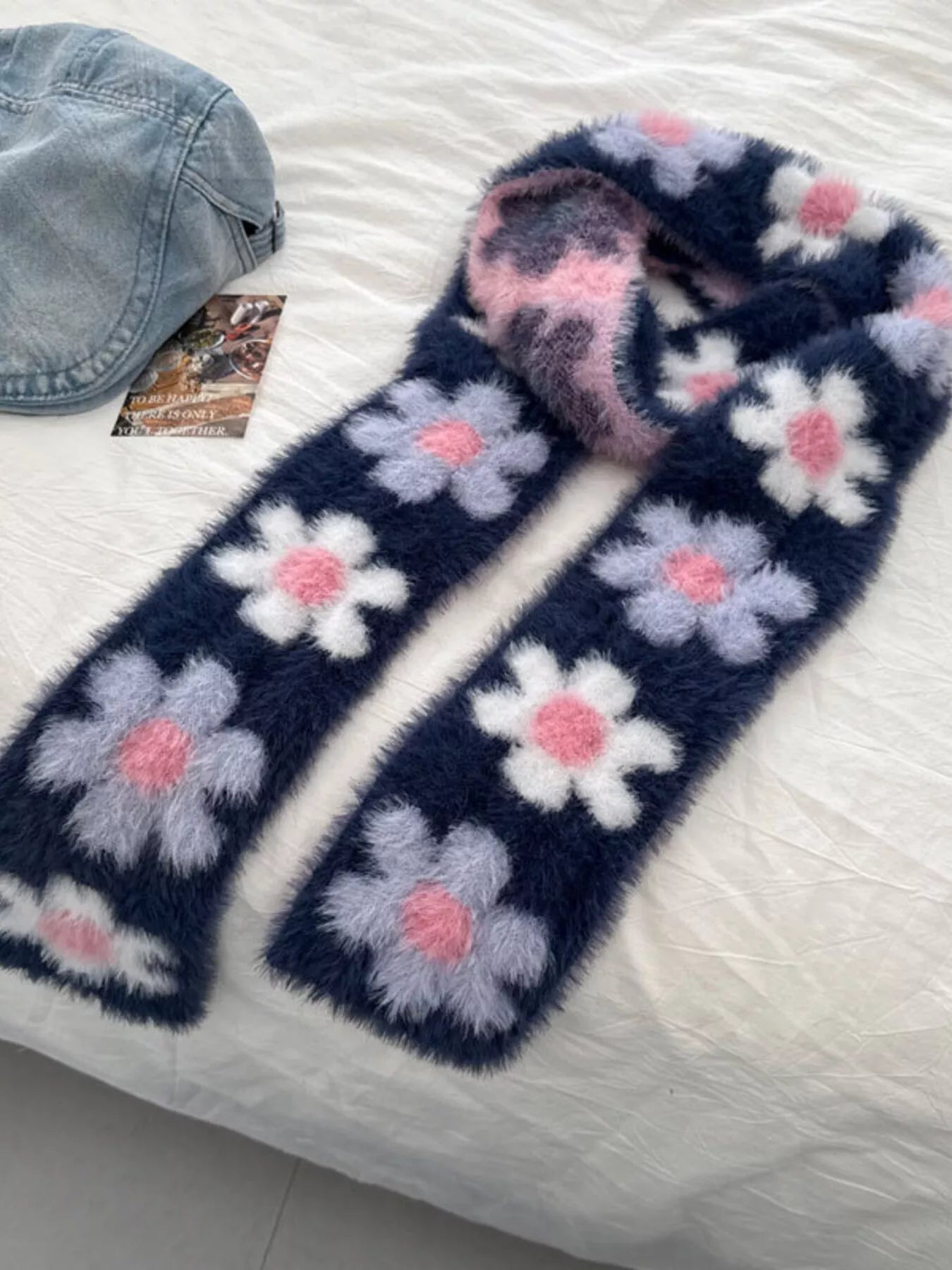 Floral Fuzzy Knit Scarf