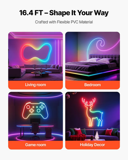 LED Neon Rope Light, 16.4 Ft, Flexible RGB-IC LED Strip Light, Control With App/Remote, Works With Alexa & Google Assistant, Music Syncing, Custom DIY Neon Flex Lights, For Bedroom Gaming Indoor