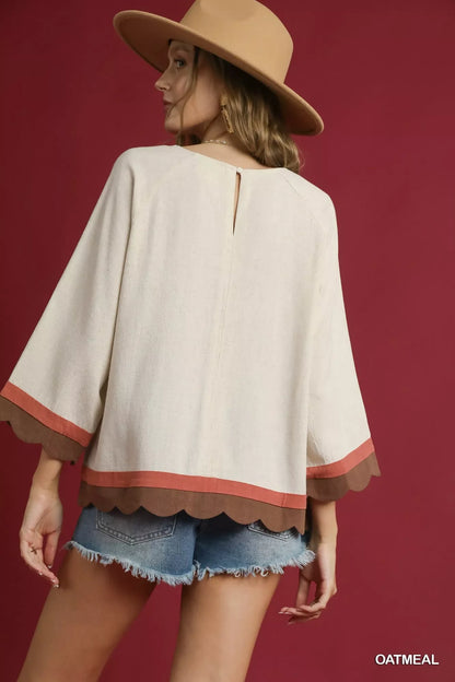 Umgee Scalloped Hem Color Block Top
