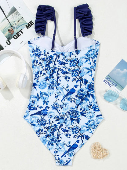 Cutout Ruffled Spaghetti Strap One-Piece Swimwear