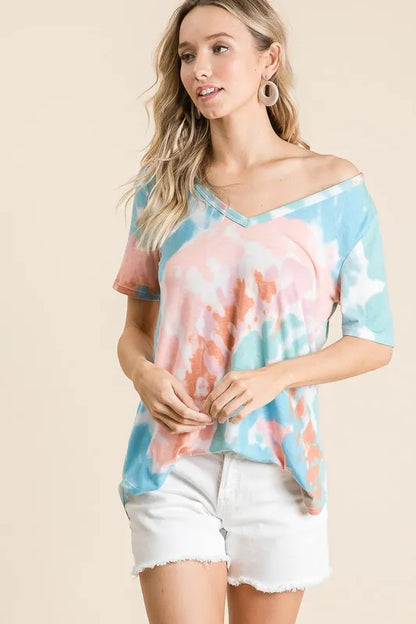 BiBi Circular Tie Dye Print V Neck Top