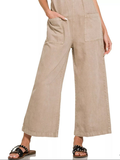 Zenana Washed Knot Strap Pockets Jumpsuit