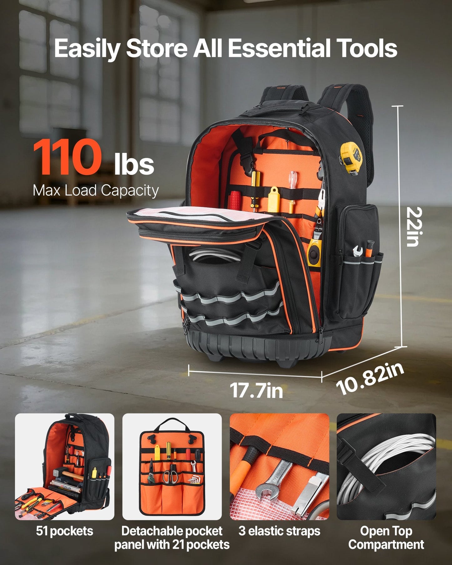 Rolling Tool Backpack, 110 Lbs Load Capacity, 72 Pockets Heavy Duty Roller Tool Bag On Wheels, Adjustable Telescoping Handle & Stable Base, Toolbag Organizers For Construction, Mechanic