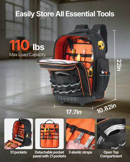 Rolling Tool Backpack, 110 Lbs Load Capacity, 72 Pockets Heavy Duty Roller Tool Bag On Wheels, Adjustable Telescoping Handle & Stable Base, Toolbag Organizers For Construction, Mechanic