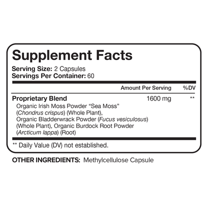 Nutrivein Organic Sea Moss 1600mg Plus Bladderwrack & Burdock - 120 Capsules