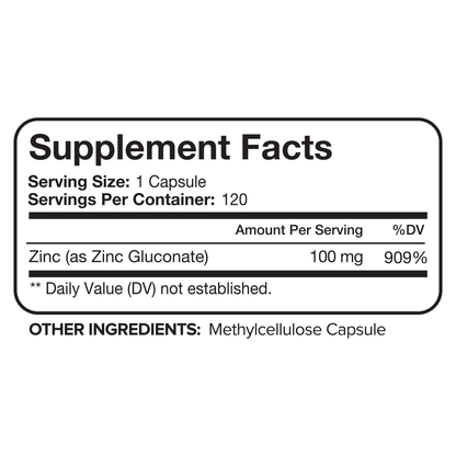 Nutrivein Premium Zinc Gluconate 100mg - 120 Capsules