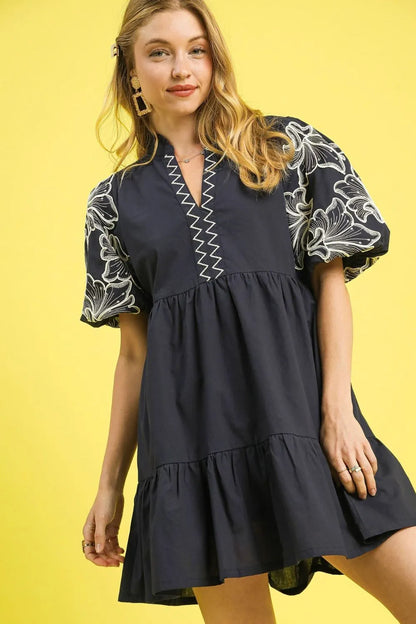 Umgee Tiered Embroidered Puff Sleeve Mini Dress