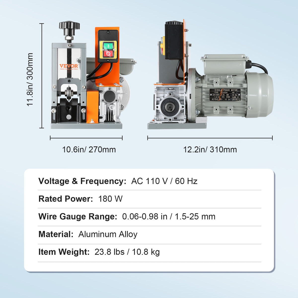 VEVOR Automatic Wire Stripping Machine,  Electric Motorized Cable Stripper, 180 W, 60 Ft Min Wire Peeler With Visible Stripping Depth Reference, For Scrap Copper Recycling