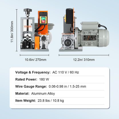 VEVOR Automatic Wire Stripping Machine,  Electric Motorized Cable Stripper, 180 W, 60 Ft Min Wire Peeler With Visible Stripping Depth Reference, For Scrap Copper Recycling