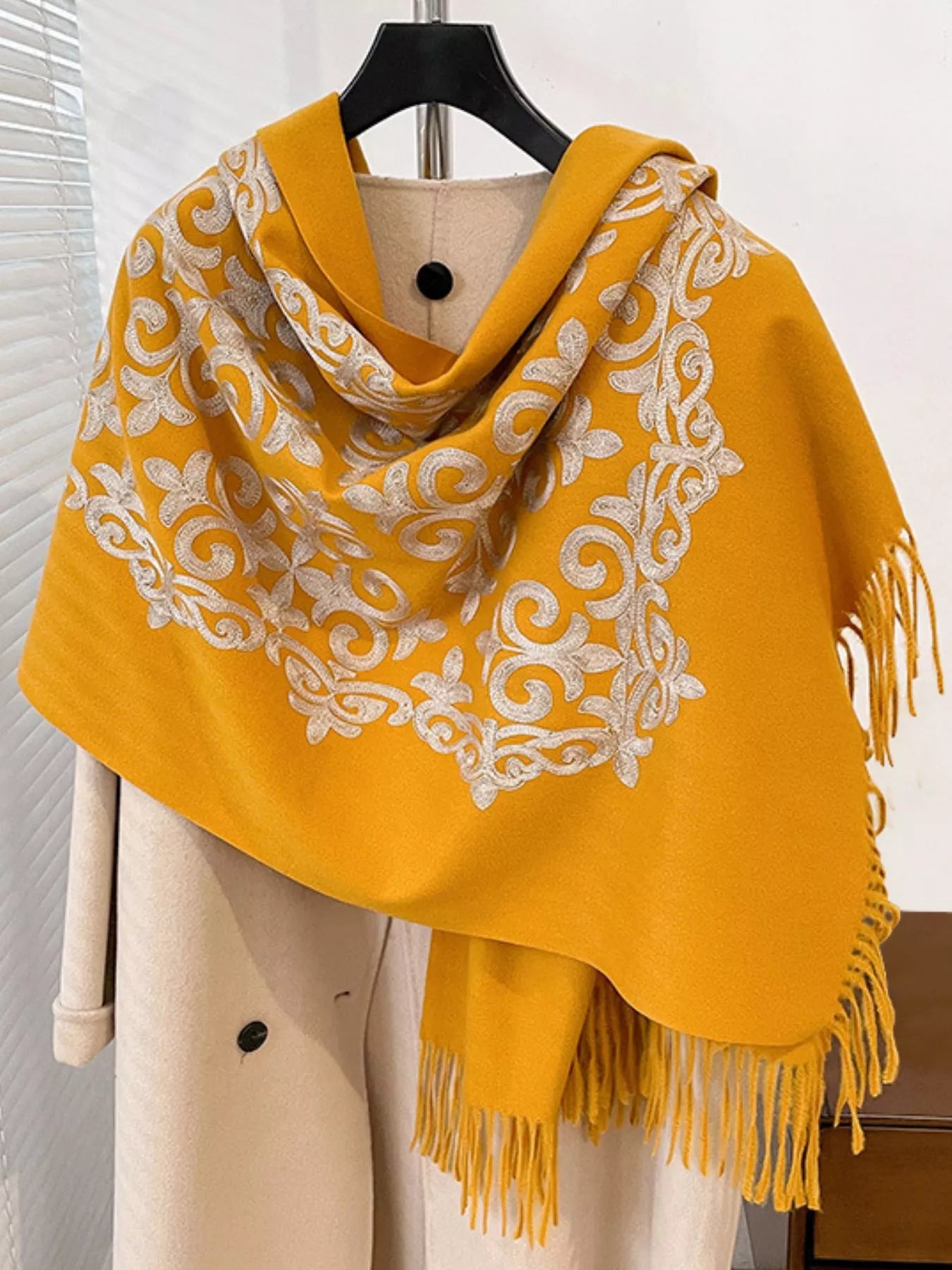 Embroidered Fringe Scarf