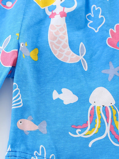 Children's Ocean Print Round Neck Top and Shorts Set