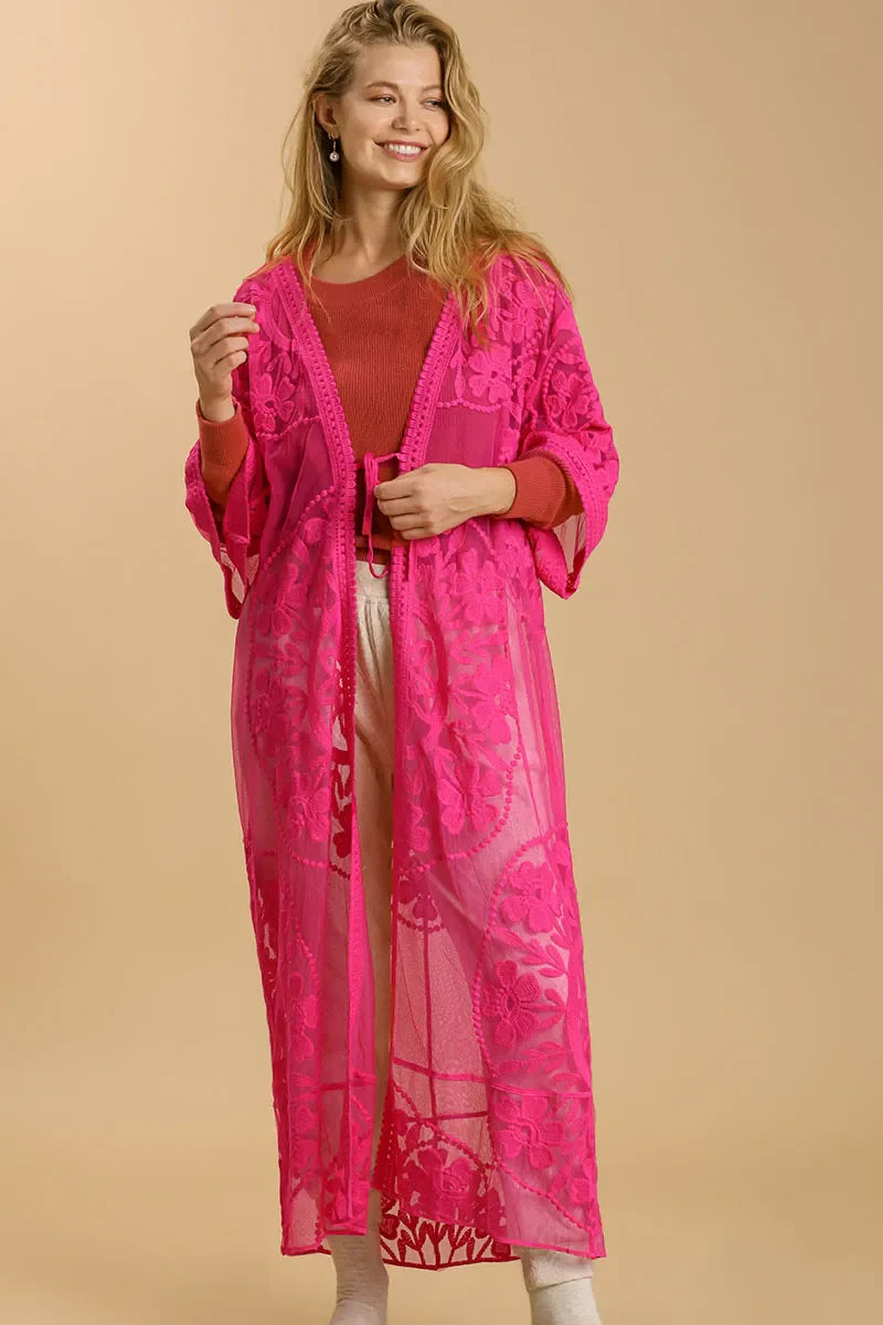 Umgee Full Size Floral Lace Open Front Long Kimono with Waist Tie Plus Size