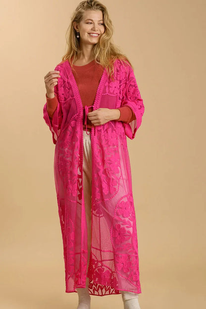 Umgee Full Size Floral Lace Open Front Long Kimono with Waist Tie Plus Size