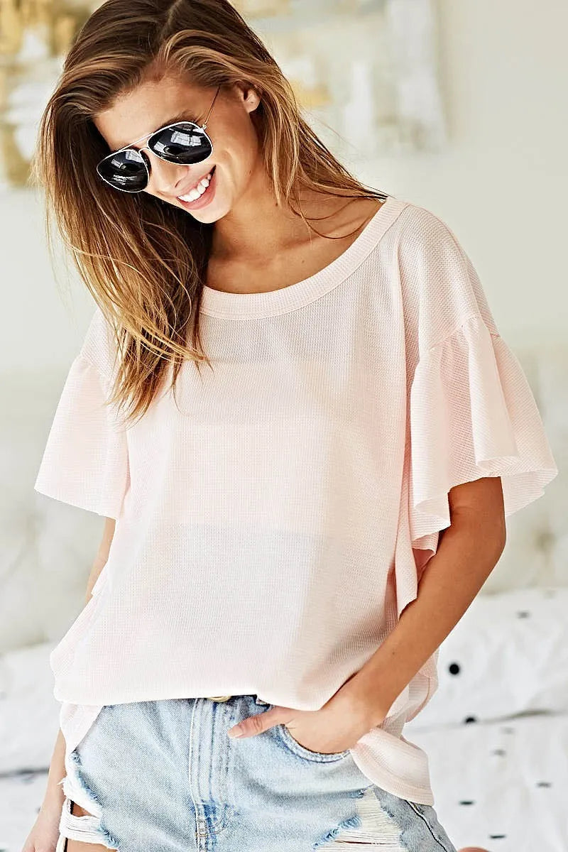 BiBi Thermal Knit with Ruffled Sleeve Top